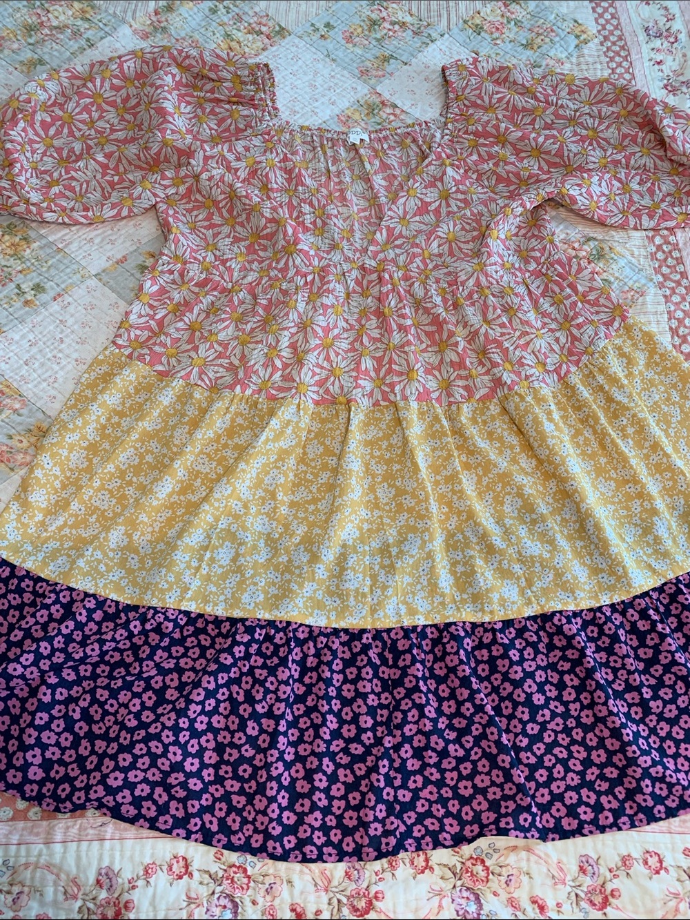 Boho Tiered Floral Mini Dress in Pink, Yellow & Purple - Picture 1 of 6
